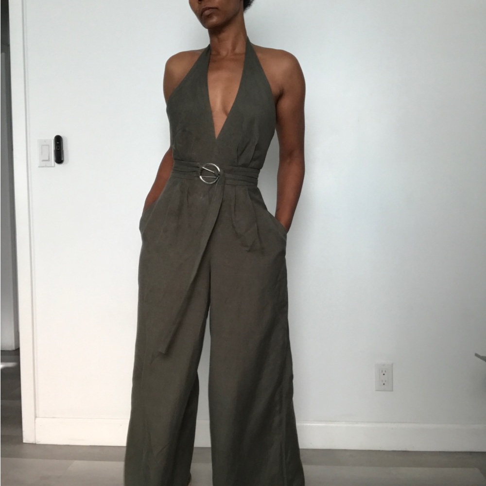ADAM LIPPES GREEN HALTER WIDE LEG PANT JUMPSUIT WOMENS 0